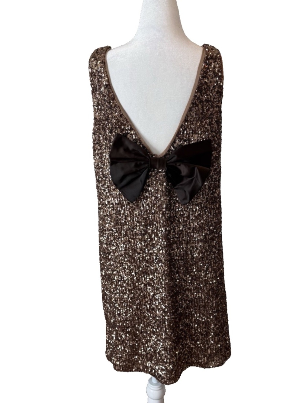 Lalavon Women Size M Sequin Mini Dress Bronze Deep V Back Bow Sleeveless NWT